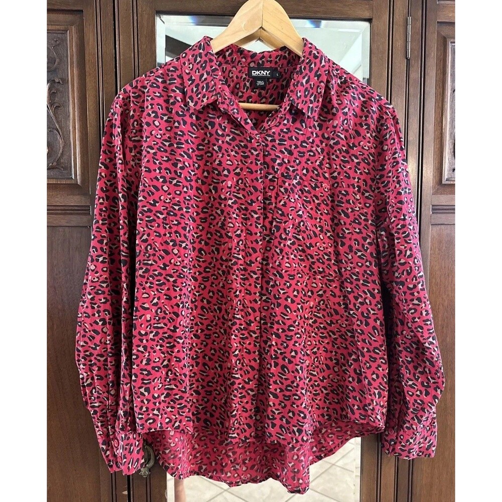 DKNY Red and Black Leopard Print Long Sleeve Button-Up Blouse Silk Size L